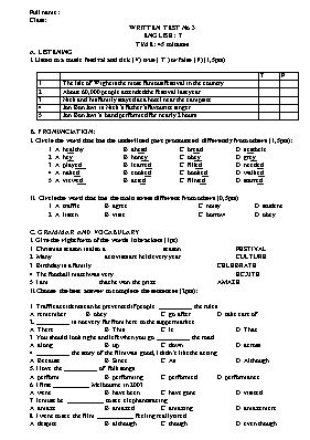 Bộ đề kiểm tra 45 phút số 3 môn Tiếng Anh Lớp 7 (Chương trình thí điểm)